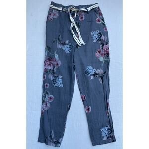 Made in Italy Floral‎ Print Linen Like Pants Casual Elastic Waist